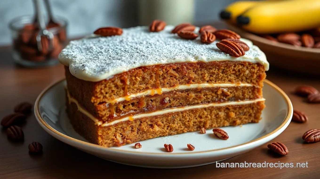 Decadent Banana Pecan Caramel Layer Cake