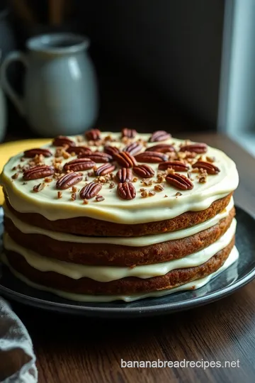 Decadent Banana Pecan Caramel Layer Cake presentation